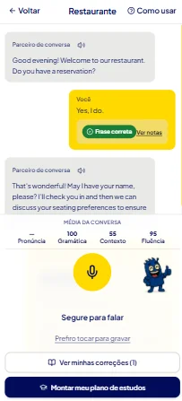 Conversa com IA no IpD Talk, com notas de pronúncia, gramática e fluência
